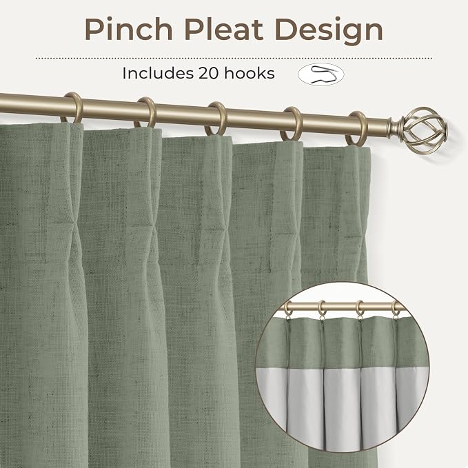 CAPALOCA Pinch Pleated Curtains Blackout, Linen Blackout Curtains 84 inches Long 2 Panels Set for Bedroom, Thermal Insulated Pinch Pleated Drapes for Living Room, 40"W x 84"L (Pack of 2), Light Sage