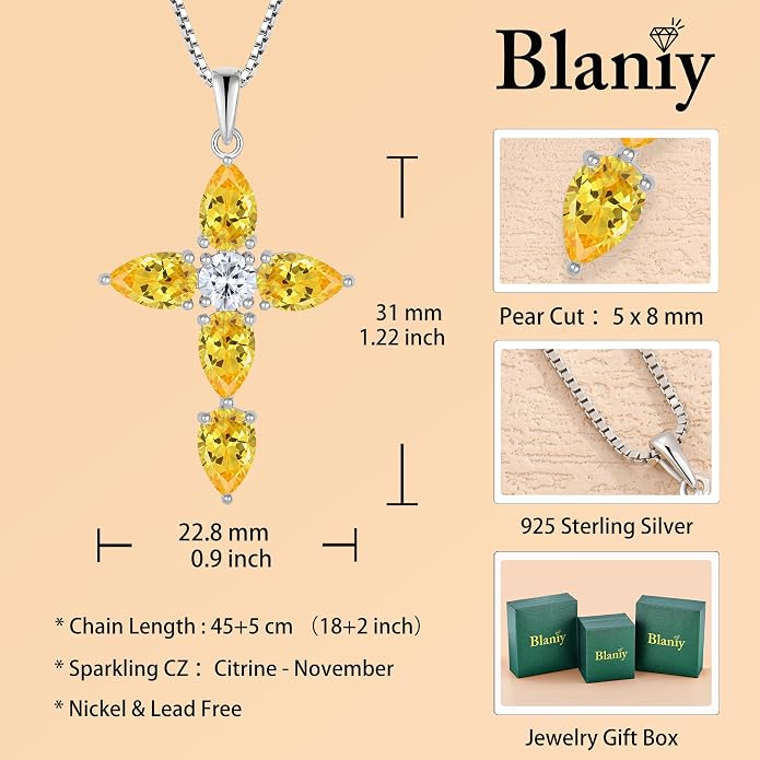 Cross Necklace for Women 925 Sterling Silver Teardrop Birthstone Pendant Religious Jewelry Gifts for Women