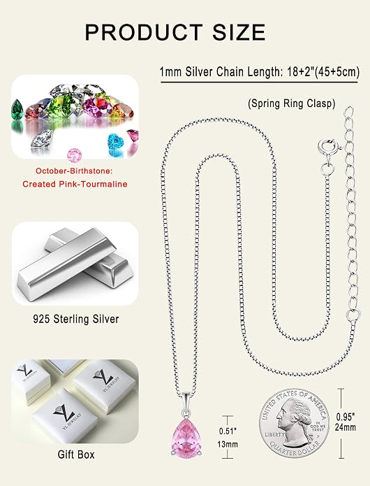 YL Teardrop Necklace 925 Sterling Silver Solitaire Pendant 9x12 MM Pear Cut Multicolored Birthstone Jewelry for Women