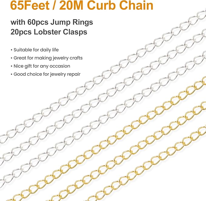 Kyutong 2 Rolls Gold and Silver Extender Chain for Jewelry Making 3MM Wide Curb Links Stainless Steel Necklace Chains Spool on Bulk with Lobster Clasps Jump Rings Jewelry Supplies for Crafts DIY