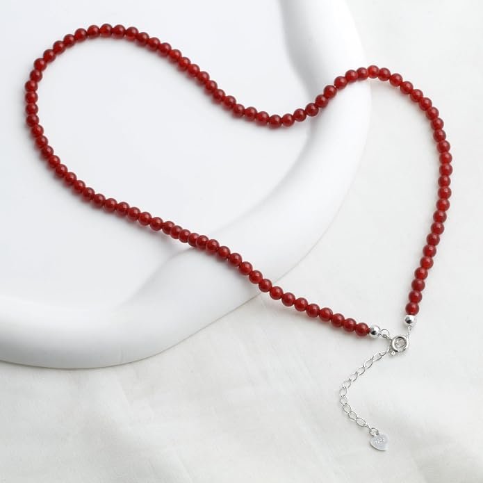 Kakikaki Natural Agate Choker Necklace Sterling Silver Round Beads Strand Necklace for Women