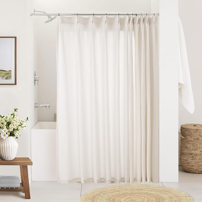Natural Pinch Pleated Linen Curtains 72 Inches Long 72 Inch Wide | Semi Sheer Light Filtering, Shower Curtain 72x72, for Living Room Bathroom Bath, Boho Neutral, Pinch Pleat Drape, Hooks Rings