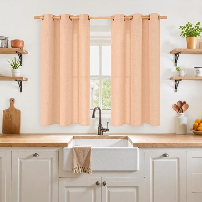 YoungsTex Peach Linen Curtains 45 Inches Long for Short Window, Semi Sheer Textured Drapes with Bronze Grommet Light Filtering Spring Decor for Bedroom Living Room, 42 x 45 Inch, 2 Panels
