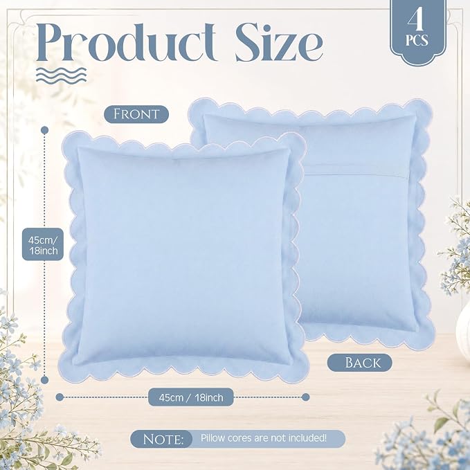 4 Pcs Blue Scalloped Pillow Covers 18x18 Inch Scallop Grandmillennial Decorative Couch Throw Pillows Granny Chic Pillowcases for Farmhouse Sofa, Couch, Outdoor Patio Decor