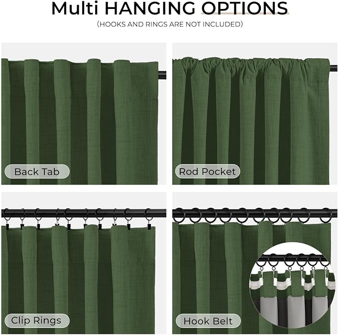 INOVADAY 100% Blackout Curtains 84 Inches Length 2 Panels Set, Back Tab/Rod Pocket Linen Black Out Curtains for Bedroom, Thermal Insulated Window Drapes - Moss Green, W50 X L84