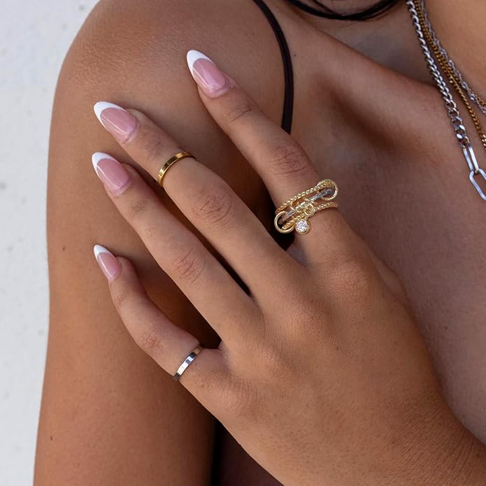 KissYan Stackable Rings for Women, 14k Gold Plate Interlocked Multi Ring Set Dainty Pave CZ Personalized Fashion Two-Toned Mixed Metals Stacking Jewelry Trendy Statement Gift