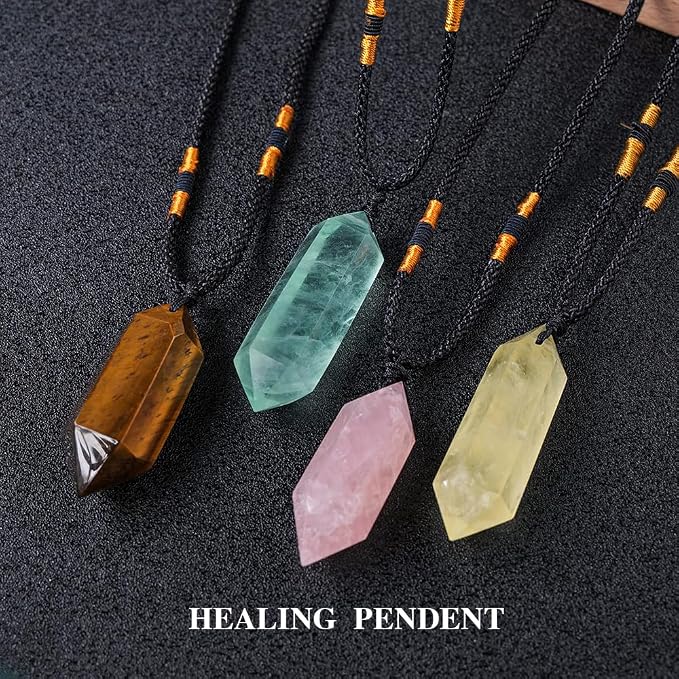 Runyangshi Citrine Healing Crystal Pendants, Double Pointed Natural Crystal Quartz Necklace 6 Faceted Chakra Crystal Wand Stone