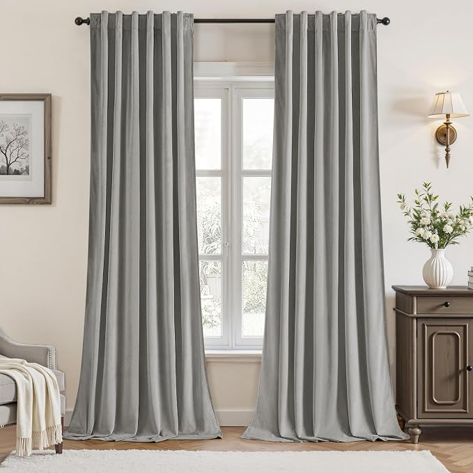 HOMEIDEAS 100% Blackout Silver Grey Velvet Curtains, Thermal Insulated Luxury Velvet Drapes for Bedroom, Living Room, Modern Farmhouse Decor, 52 x 84 Inch, 2 Panels