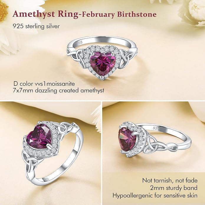 DAYBYDAY Celtic Birthstone Rings for Women 925 Sterling Silver Heart/Round/Pear/Oval Created Gemstone Moissanite Halo Engagement Promise Rings for Her Wife Birthday Anniversary Wedding Jewelry