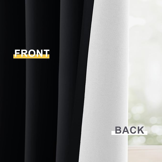 Yakamok Black 100% Blackout Curtains 72 Inches Long for Bedroom 50" Wide | Blackout Curtain Panels for Bedroom, 2 Thick Layers Grommet Top Thermal Insulated Drapes with White Back for Living Room