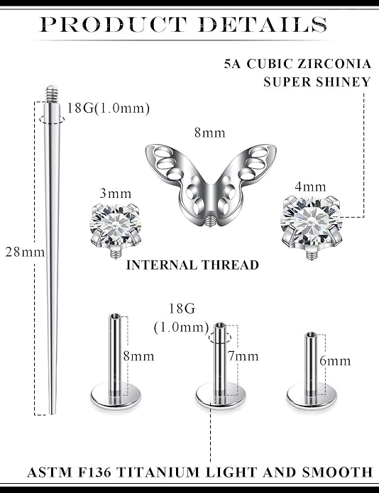 20G 18G 16G Astm F136 Titanium Internal Thread Flat Back Earrings Nose Studs Tragus Forward Helix Conch Cartilage Lobe Earring Stud Medusa Labret Monroe Lip Ring Piercing Jewelry For Women Men