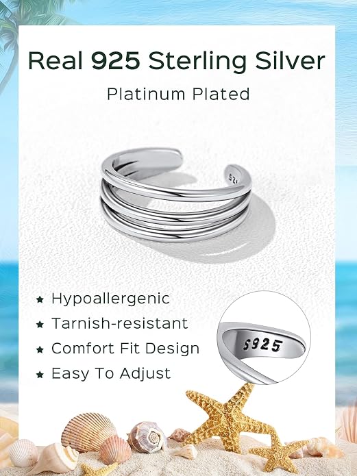 ChicSilver 925 Sterling Silver Toe Ring Minimalist Hypoallergenic Adjustable Band Ring Summer Beach Bare Foot Jewelry