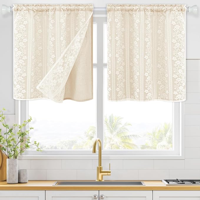 ASPMIZ Linen Kitchen Curtains 24 Inch Length, Double Layered Window Curtain 2 Panel Sets Rod Pocket Short Curtains for Kitchen, Farmhouse Window Treatment Tiers for Bathroom, Cafe, Beige