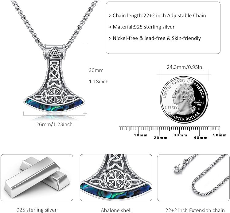 Viking Thor Hammer Necklace 925 Sterling Silver Nordic Mythology Pendant with Abalone Shell for Men Women Viking Enthusiasts Gift Daily Wear & Special Occasions