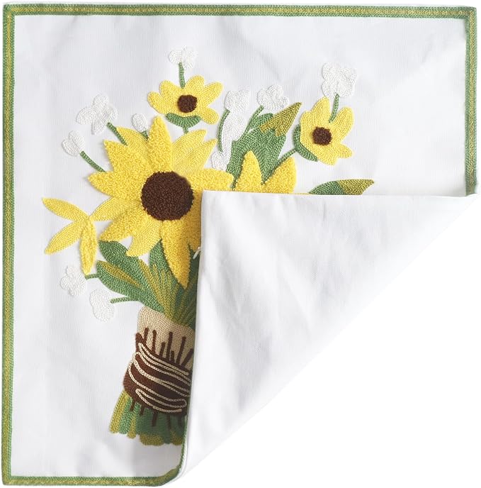 Embroidery Throw Pillow Covers Yellow Floral 18x18 Inch Decorative Cushion Case Tied Sunflowers 100% Cotton Home Decor Embroidered 45x45cm, 1 Piece