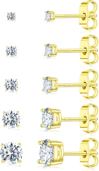 5 Pairs Moissanite Sterling Silver Stud Earrings Set for Women, Hypoallergenic, 2mm, 3mm, 4mm, 5mm