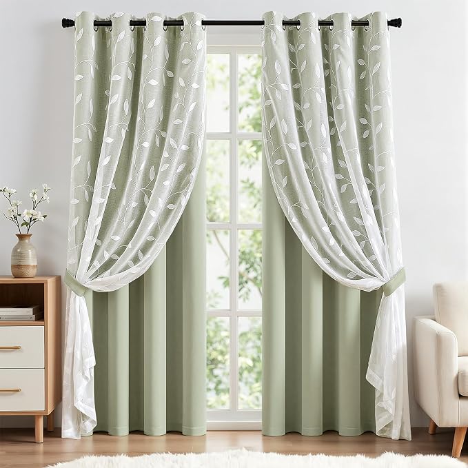 MIULEE Double Layer Curtains 96 Inches Long, White Leaf Patterned Sheer Floral Drapes and Sage Green Blackout Room Darkening Curtains for Living Room Bedroom, Grommets Top, 52" W x 96" L, 2 Panels