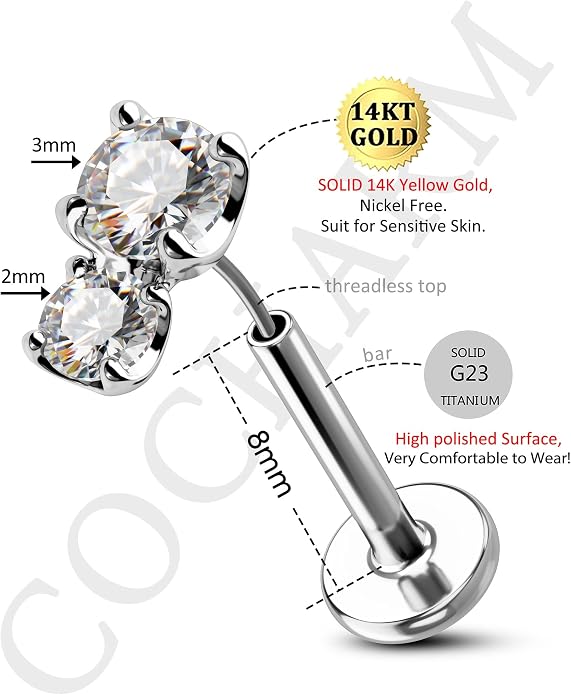 Cocharm 14K Gold Cartilage Earring 16g Real Gold Flat Back Helix Piercing Jewelry Push Pin Tragus Conch Stud for Women Men