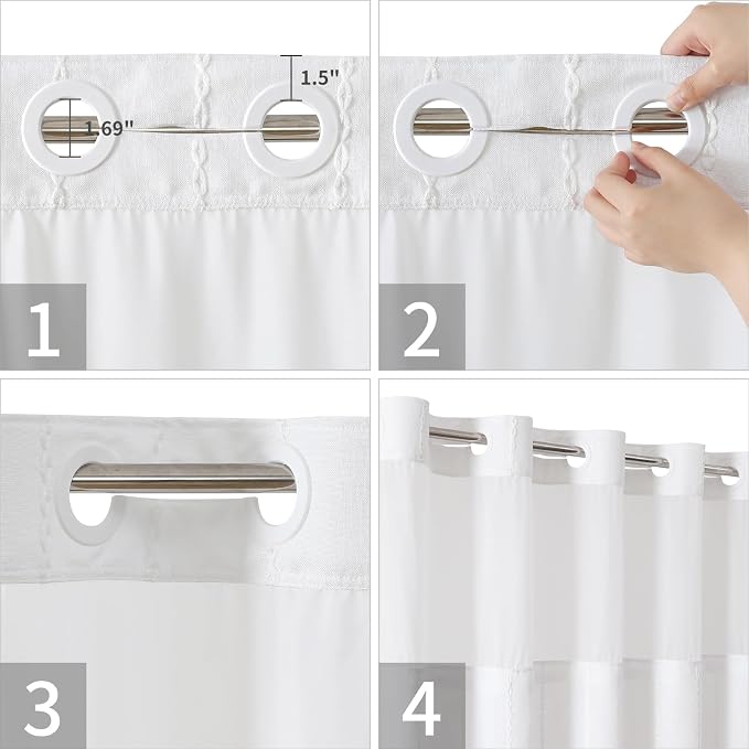 eachope White Farmhouse No Hook Shower Curtain Set with Snap-in Fabric Liner,Boho Heavy-Duty Linen Textured Rustic Striped Design,Water-Repellent with Tassels and Sheer Window,71x74
