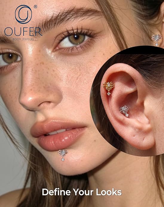 OUFER Silver Flat Back Earrings-16G Gold Forward Helix Piercing Jewelry, Internal Thread Clear CZ Pendant Helix Cartilage Tragus Conch Lobe Piercing Jewelry