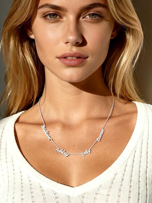 Custom4U Custom Name Necklace for Women, Personalized 1-5 Name Necklace, Sterling Silver/Stainless Steel 14K Gold Plated Nameplate Necklaces, Gift for Mom Wife Anniversary Birthday with Box