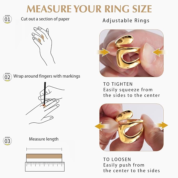 Gelbesty Waterproof Gold Statement Rings for Women, 14K Gold Plated Chunky Open Stackable Rings Non Tarnish Fashion Adjustable Stainless Steel Pinky Knuckle Signet Vintage Ring Jewelry Size 5-11