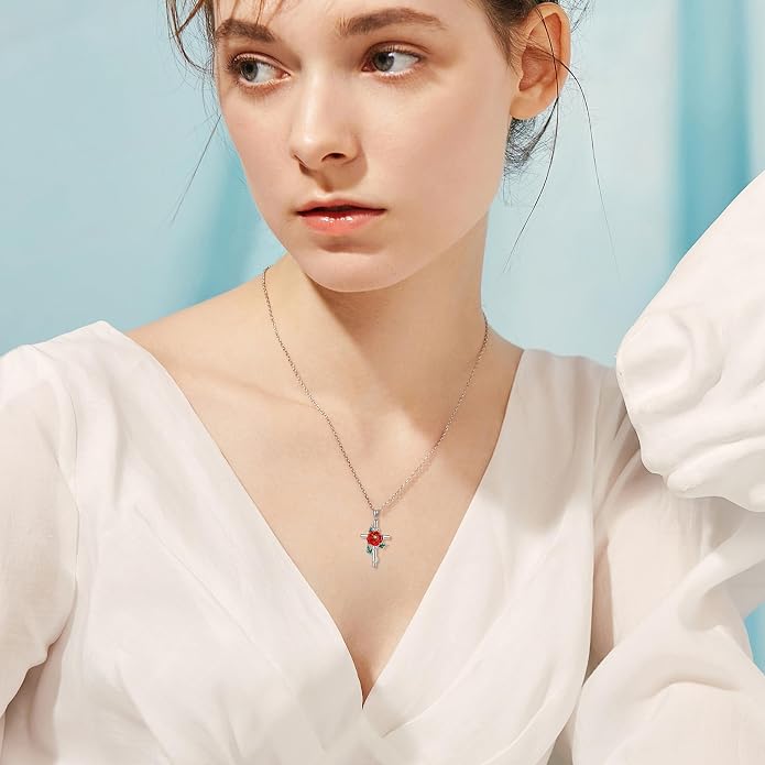 Flower Cross Necklace 925 Sterling Silver Carnation/Rose/Lily/Daisy Cross Necklace Birth Flower Jewelry for Women