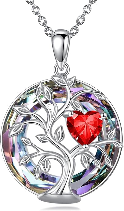 Tree Of Life Birthstone Necklace 925 Sterling Silver Crystal Family Tree Pendant Necklaces Heart Birthstone Jewelry For Women Female Anniversary Birthday Gifts