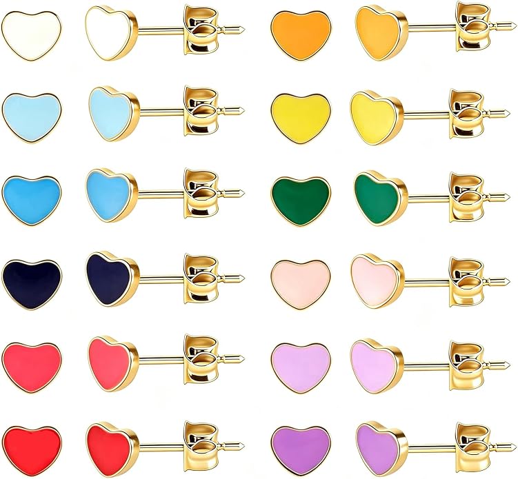 JMLOON 12 Pairs Enamel Flat Back Stud Earrings Surgical Stainless Steel Round Heart Star Square Hexagon Screw Back Stud Earrings