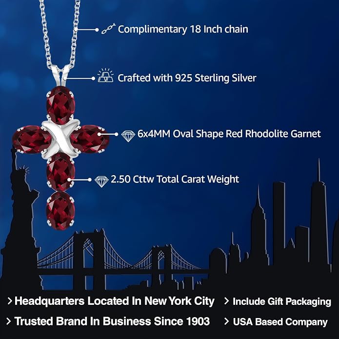 Gem Stone King Cross Pendant Necklace for Women | 925 Sterling Silver | 6X4MM Gemstone Birthstone | Jesus Christian Religious Crucifix Jewelry Gifts | 18 Inch Chain
