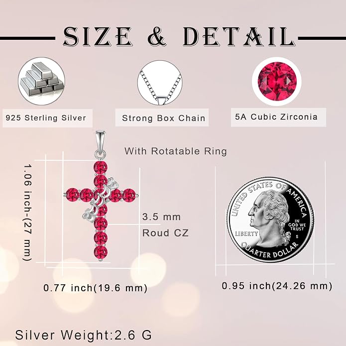 Rotated Crown Cross Necklaces for Women, 925 Sterling Silver Round Cut Zircon Neckalce Pendant With Ring Birthstones Jewelry for Her