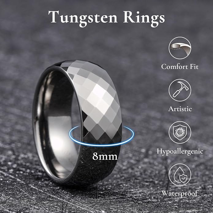 King Will Tungsten Carbide Wedding Ring for Men Women Promise Ring for Couple 2mm/4mm/6mm Black/Silver/Gold/Rose Gold Multi-faceted Shining Luster High Polished Wedding Band Comfort Fit