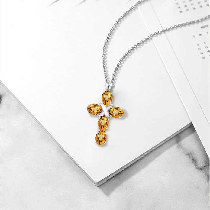 Gem Stone King Cross Pendant Necklace for Women | 925 Sterling Silver | 6X4MM Gemstone Birthstone | Jesus Christian Religious Crucifix Jewelry Gifts | 18 Inch Chain