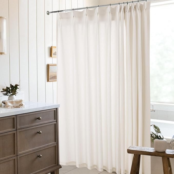 Natural Pinch Pleated Linen Curtains 72 Inches Long 72 Inch Wide | Semi Sheer Light Filtering, Shower Curtain 72x72, for Living Room Bathroom Bath, Boho Neutral, Pinch Pleat Drape, Hooks Rings
