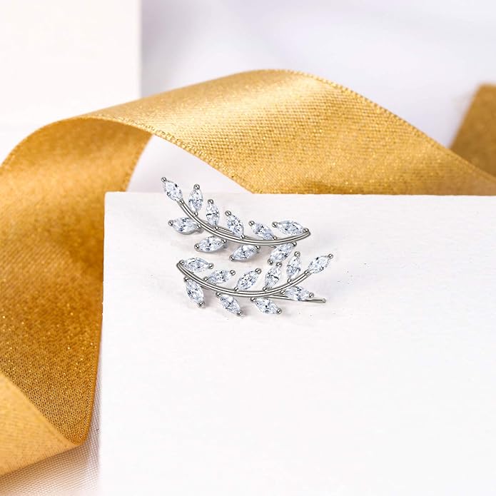 EVER FAITH Marquise Leaf Ear Cuff Wire Wrap Sweep Pins Climber Earrings 925 Sterling Silver Clear Cubic Zirconia
