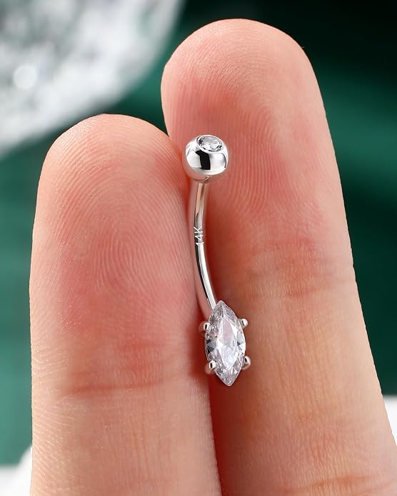 COCHARM 14K Gold Marquise CZ Belly Button Rings - White Yellow Diamond Navel Rings for Women Men - 14G Belly Piercing Jewelry