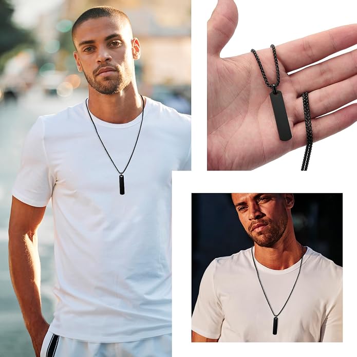 Fathers Day Personalized Vertical Bar Pendant Necklace - Custom Name Text Necklace Customized Stainless Steel Memorial Necklace Dad Gifts for Men