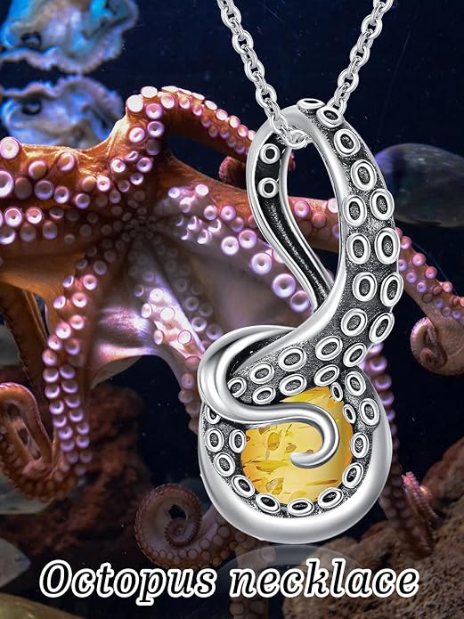 Octopus Tentacles Necklace with Gemston 925 Sterling Silver Octopus Pendant for Women Ocean Jewelry Gift for Women