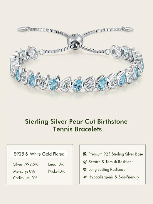 Birthstone Tennis Bracelet for Women 925 Sterling Silver Pear Shaped Gemstone Inlaid White Gold Plated Adjustable Chain Gifts for Mom Wife