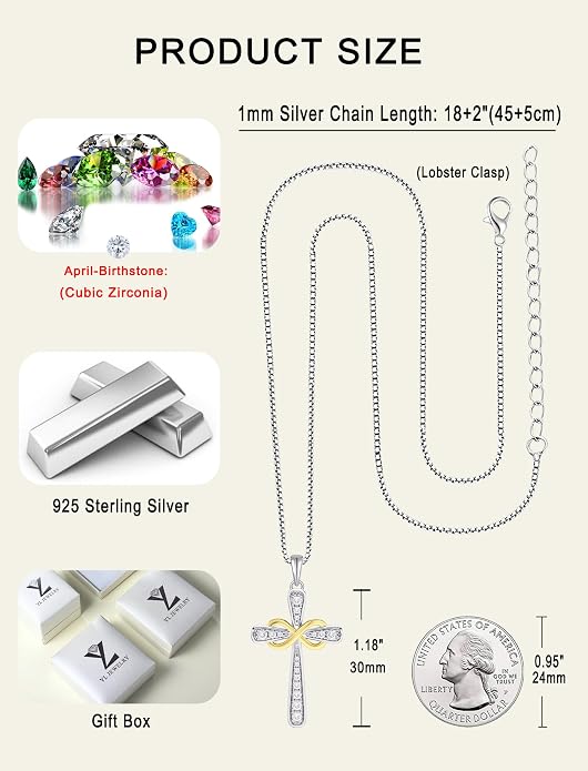 YL 925 Sterling Silver Cross Necklace for Women Halo Infinity Pendant Cubic Zirconia Jewelry for Mom