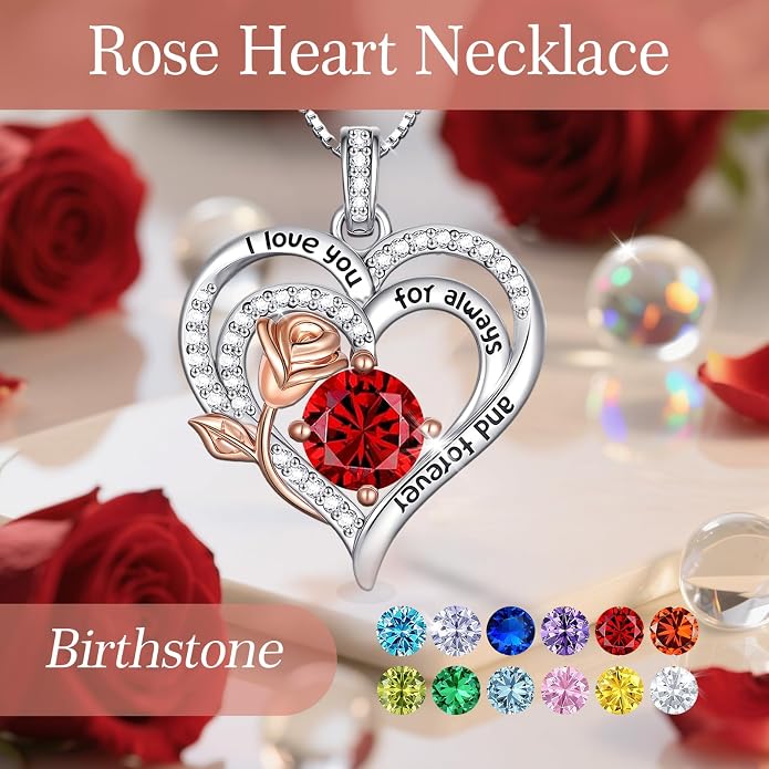 Birthstone Heart Necklaces for Women 925 Sterling Silver Fine Jewelry Rose Pendant Necklace Anniversary Birthday Mothers Day Gifts Her Wife Women Mom Daughter