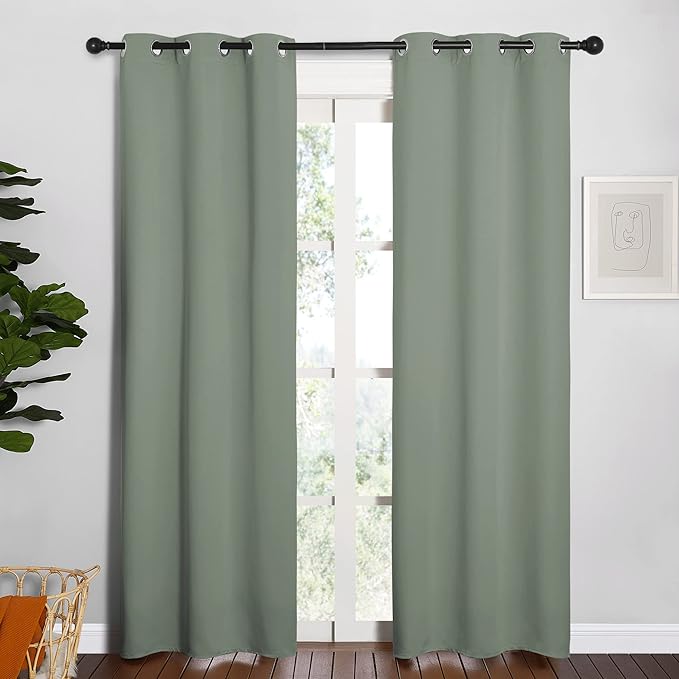 NICETOWN Window Curtain Panels, Thermal Insulated Solid Grommet Blackout Draperies/Drapes for Basement (Sage Green, 1 Pair, 34 by 84-inch)