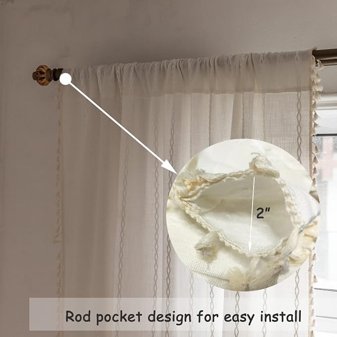 Boho Linen Curtains Off White - 96" Long, 2 Panels for Living Room, Bedroom - Embroidery Country Farmhouse Style - Light Filtering - Rod Pocket Drapes 52" W x 96" L