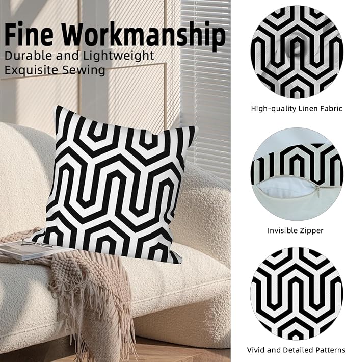 Black White Geometric Throw Pillow Cover 24"x24" Set of 4, Modern Minimalist Irregular Stripes Cushion Cover for Sofa Chair Couch Bed Office Garden Patio Farmhouse Indoor Outdoor