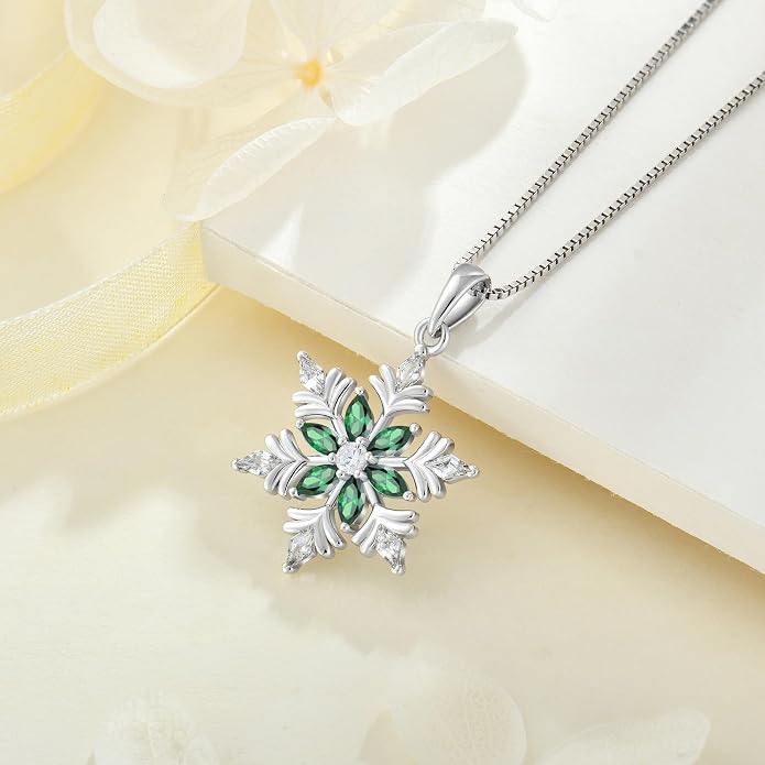925 Sterling Silver Snowflake Necklace for Women Birthstone Snowflake Pendant Necklace Cubic Zirconia Christmas Jewelry