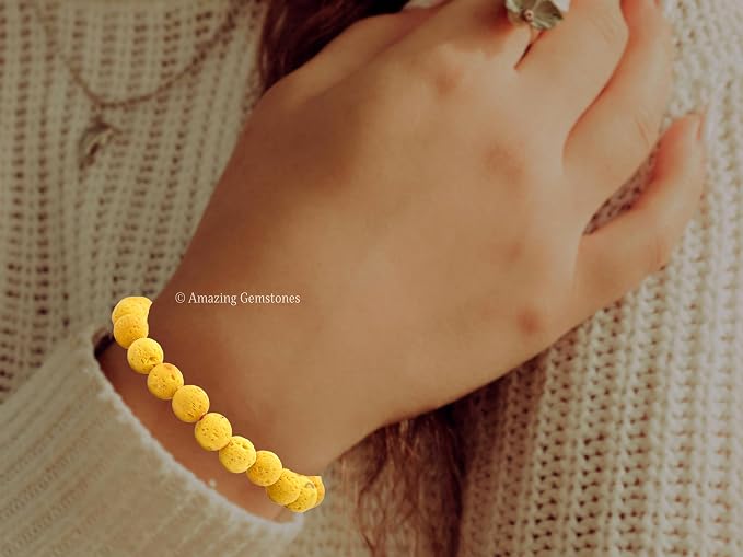 Amazing Gemstone Yellow Lava Bracelet, Gifts for Men & Women - Protection Healing Crystal Bracelet - 8mm Gemstone Beaded Adjustable Bracelet, Pulseras para Hombres Mujer Stocking Stuffers