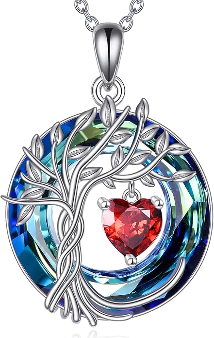 POPLYKE Mothers Day Gifts for Mom Her Wife Tree of Life Necklace 925 Sterling Silver Birthstone Pendant with Crystal Anniversary Birthday Wedding Jewelry for Women