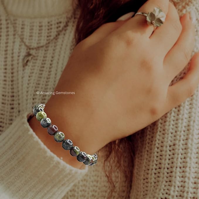 Amazing Gemstone Dragon Bloodstone Bracelet, Gifts for Men & Women - Protection Healing Crystal Bracelet - 8mm Gemstone Beaded Adjustable Bracelet, Pulseras para Hombres Mujer Stocking Stuffers