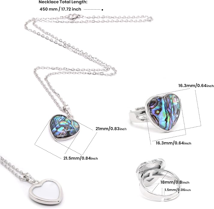 Abalone Shell Heart Ring and Necklace Set – Love Shape Jewelry Set for Women, Iridescent Ocean-Inspired Gift