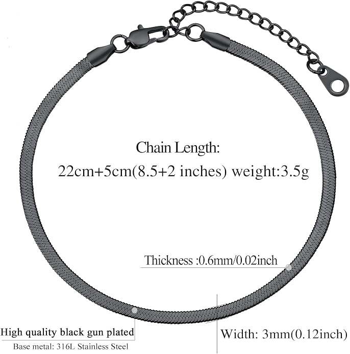FindChic Elegant Herringbone Snake Chain Anklets/Bracelets 3MM/5MM Width Stainless Steel/18K Gold/Rose Gold Plated/Black 4 Color Options, 8.3'' 8.5'' 10.5'' Length, with Gift Box